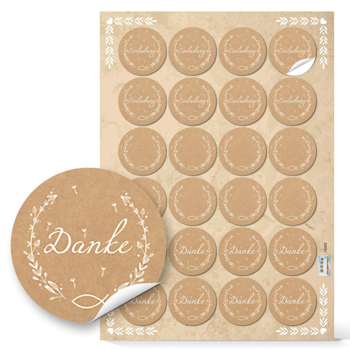 Etiketten Set - Blankoaufkleber + Danke + Einladung - Kraftpapier-Optik braun mit Fisch-Motiv 96 Aufkleber / 4 Bögen