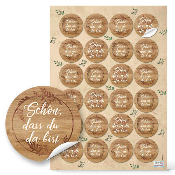 Schön, dass du da bist Sticker braun in Holz-Optik rustikal 4 cm 96 Aufkleber / 4 Bögen