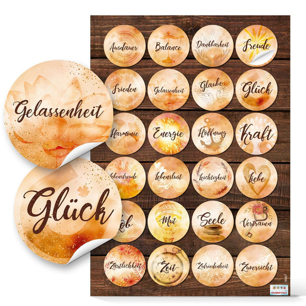 Motivierende Aufkleber - 4 cm rund - braun rot grün floral Statements Geschenkaufkleber Give-Away 24 Aufkleber / 1 Bogen
