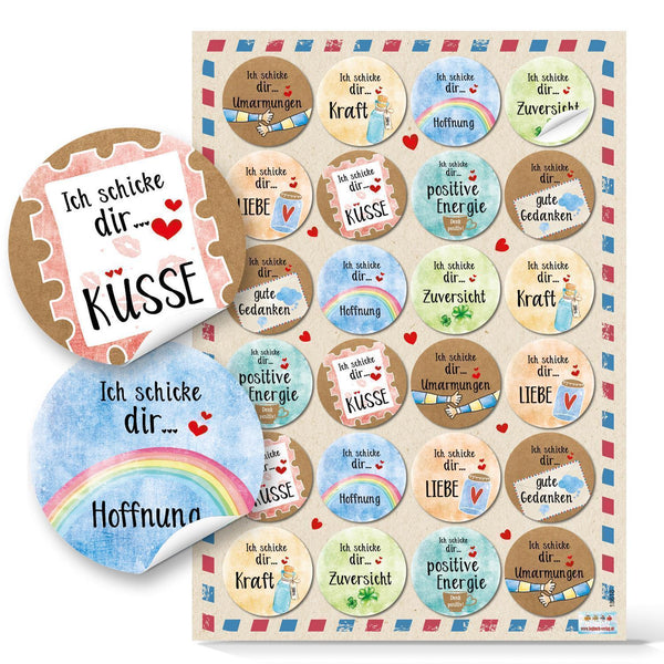 Aufkleber Ich schicke dir... - 4 cm rund bunt - gute Wünsche als Verzierung für Post Briefe Pakete 96 Aufkleber / 4 Bögen