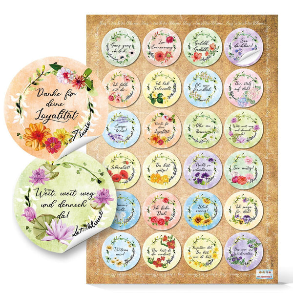 Bunte Sprücheaufkleber Blumensprache 4 cm rund - Sticker mit Blumen und guten Wünschen 96 Aufkleber / 4 Bögen