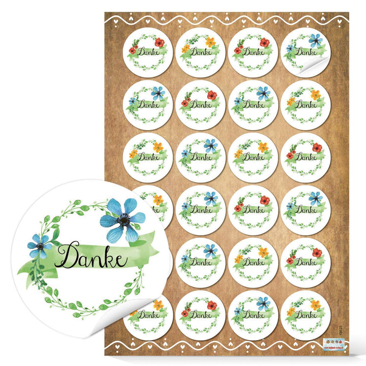 Dankesaufkleber - 4 cm - rund bunt weiß grün - Danke Sticker in floralem Design - Foto 1