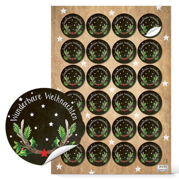 Weihnachtsaufkleber Ø 4 cm "Wunderbare Weihnachten" schwarz grün 48 Aufkleber / 2 Bögen