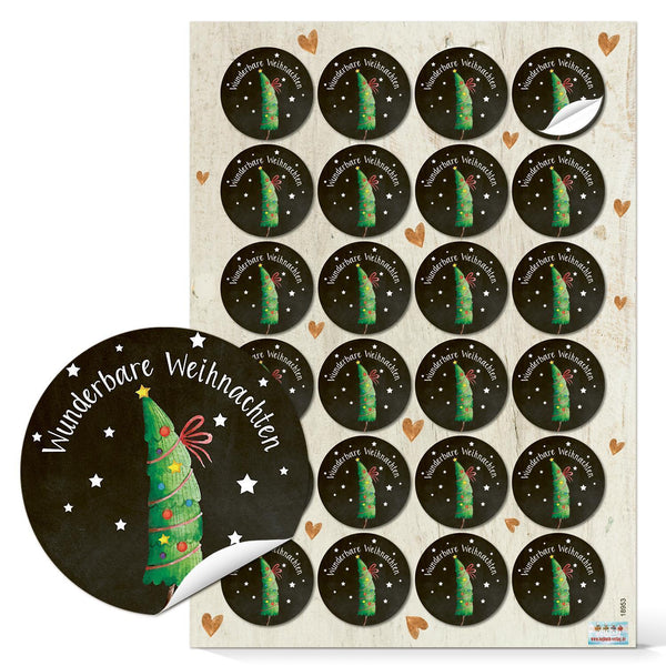 Weihnachtssticker "Wunderbare Weihnachten" schwarz grün Ø 4 cm mit Tannenbaum 96 Aufkleber / 4 Bögen