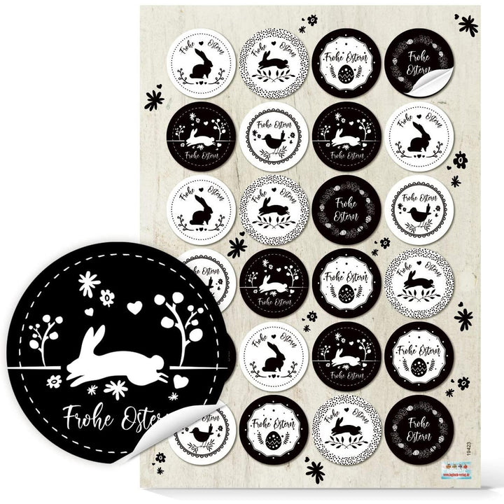 Moderne runde Aufkleber für Ostern - 4 cm schwarz weiß - mit Hase + Eiern - Foto 1