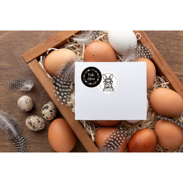 Runde Oster Sticker - 4 cm - weiß schwarz mit Hipster Osterhasen - für Kunden Kollegen - Foto 2