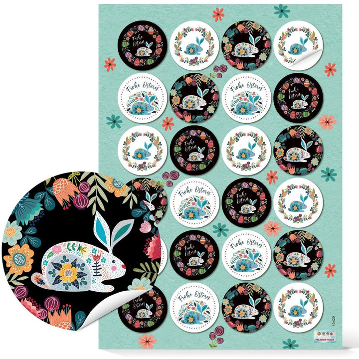 Florale Folklore Geschenkaufkleber für Ostern - 4 cm rund bunt - mit Osterhase - Foto 1