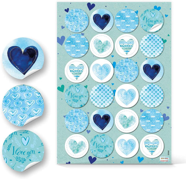 Herzaufkleber blau türkis rund 4 cm - Herzsticker zum Basteln 96 Aufkleber / 4 Bögen