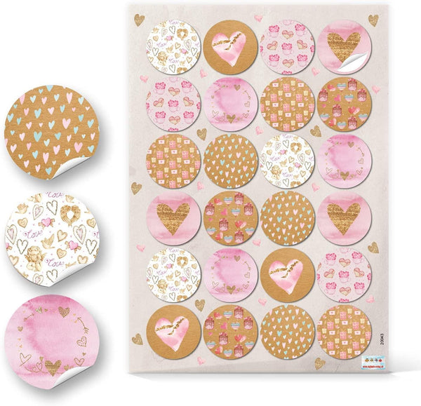 Runde Herzaufkleber - 4 cm - in rosa braun weiß - zum Verzieren 96 Aufkleber / 4 Bögen