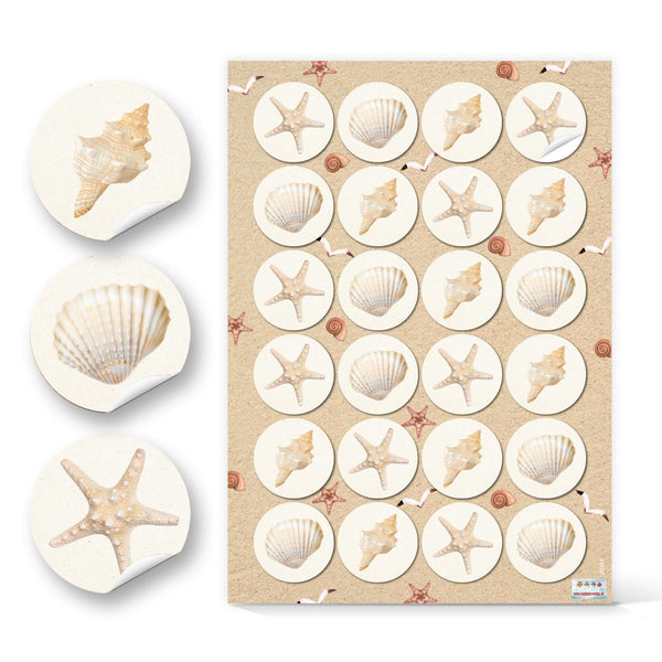 Muschel Aufkleber sandfarben beige 4 cm rund 3 Bögen / 96 Aufkleber