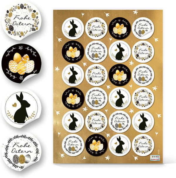 Oster Sticker schwarz weiß gold - Frohe Ostern Deko rund Ø 4 cm  96 Aufkleber / 4 Bögen