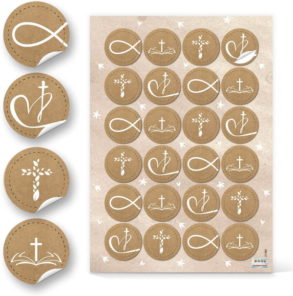 Aufkleber mit christlichen Symbolen - Fisch Kreuz Herz - Kraftpapier-Optik 96 Aufkleber / 4 Bögen
