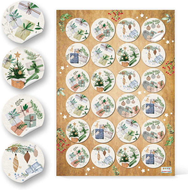 Runde Weihnachtsaufkleber - 4 cm beige blau grün - hygge natur 96 Aufkleber / 4 Bögen