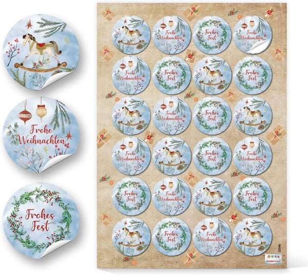 Weihnachtsaufkleber blau grün rot - hygge scandi Ø 4 cm 96 Aufkleber / 4 Bögen