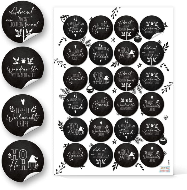 Weihnachtsaufkleber schwarz weiß mit Weihnachtssprüchen 4 cm 96 Aufkleber / 4 Bögen