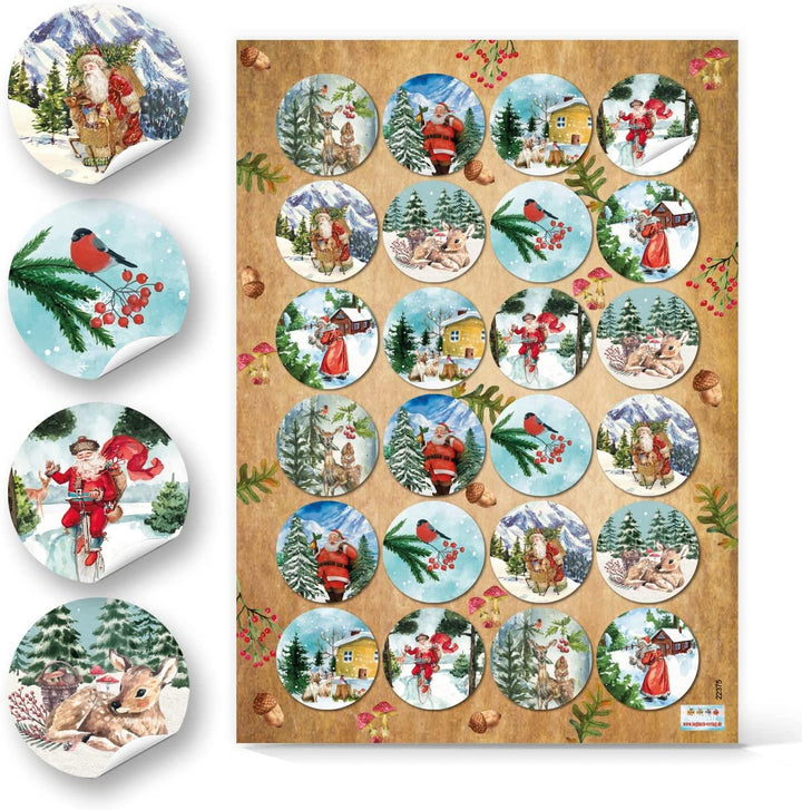 Nostalgie Weihnachtsaufkleber rot blau 4 cm rund 96 Aufkleber / 4 Bögen