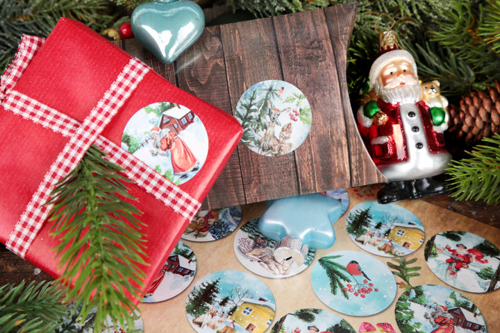 Nostalgie Weihnachtsaufkleber rot blau 4 cm rund 96 Aufkleber / 4 Bögen