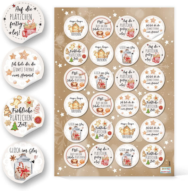 Weihnachtsaufkleber "Weihnachtsplätzchen" - 4 cm rund beige schwarz 96 Aufkleber / 4 Bögen