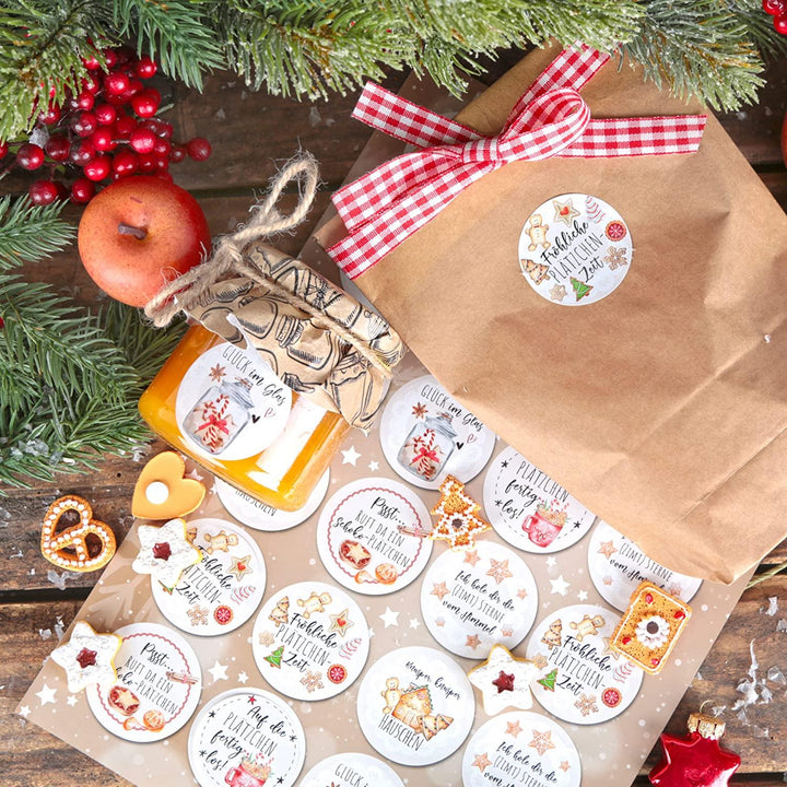 Weihnachtsaufkleber "Weihnachtsplätzchen" - 4 cm rund beige schwarz 96 Aufkleber / 4 Bögen