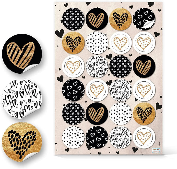Runde Aufkleber - 4 cm - mit Herz Motiven in schwarz weiß gold 96 Aufkleber / 4 Bögen