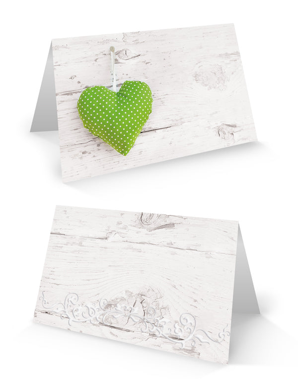 Tischkarte 8,5 x 5,5 cm Holz-Optik weiß mit grünem Herz - kleines Kärtchen zum Beschriften 50 Stück