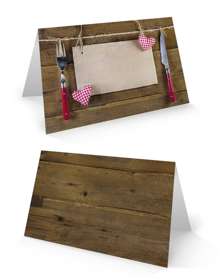 Tischkarte 8,5 x 5,5 cm braun rot weiß mit Messer & Gabel Motiv - rustikale Tisch Kärtchen 50 Stück