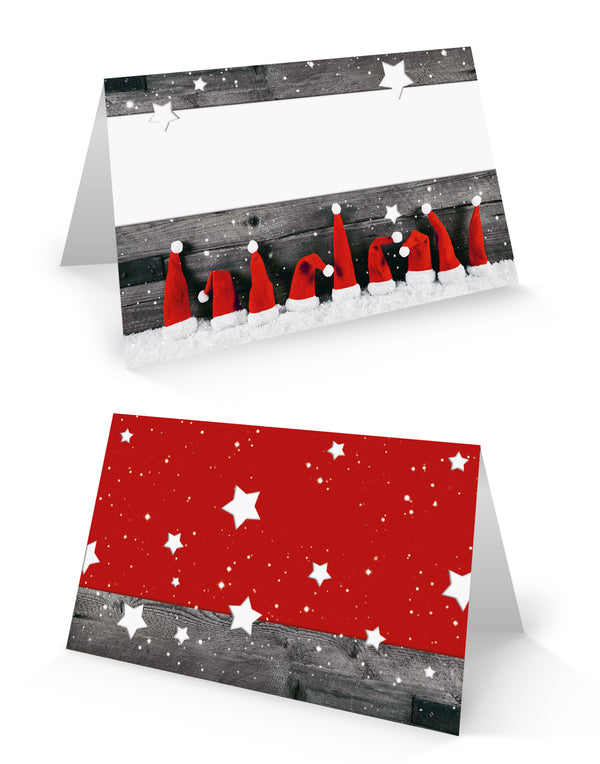 Weihnachtliche Tischkarte 8,5 x 5,5 cm rot weiß grau mit Nikolausmützen - Tischdeko Weihnachtsfeier 100 Stück