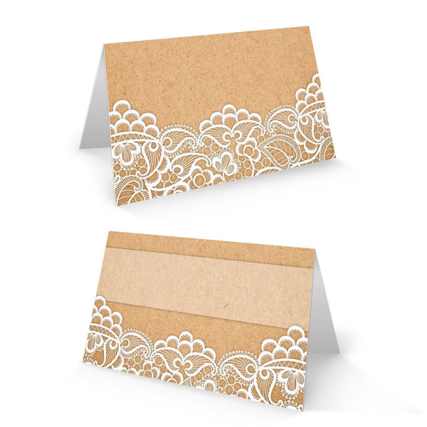 Tischkarte 8,5 x 5,5 cm Kraftpapier-Optik braun mit weißer Spitze - Hochzeit Taufe 100 Stück