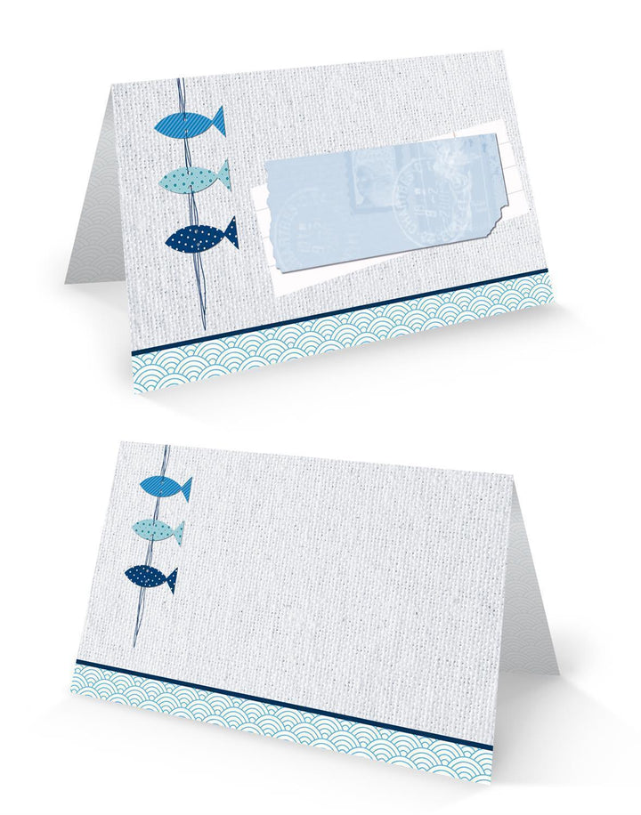Tischkarte 8,5 x 5,5 cm 3 Fische blau weiß maritim - Namenskarte Platzkarte Taufe Kommunion 50 Stück