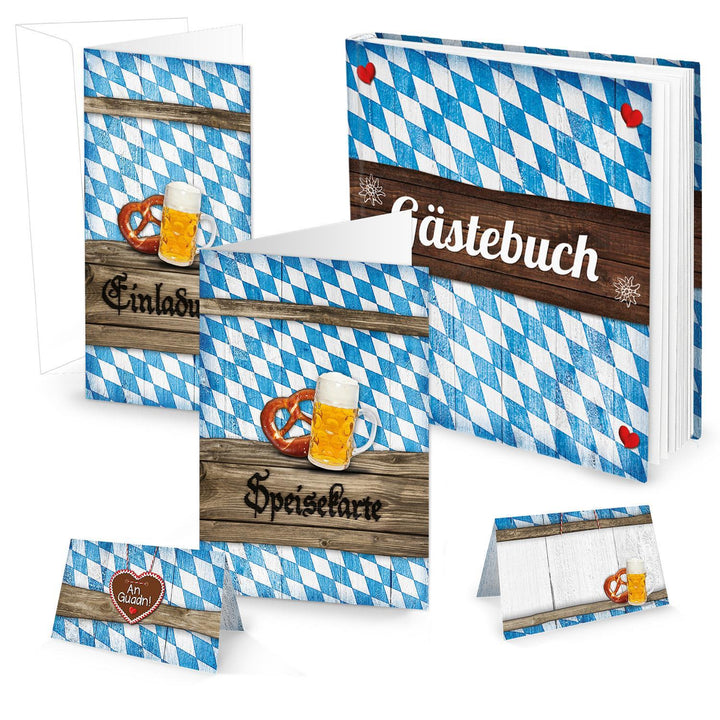 Großes Tisch-Deko-Set zum OKTOBERFEST in blau-weiß-kariert: 50 Einladungen + 64 Tischkarten + 24 Menü-Speise-Karten + 1 Gästebuch … bayerische Hochzeit Feste Geburtstag 55 - 60 Personen - Foto 1