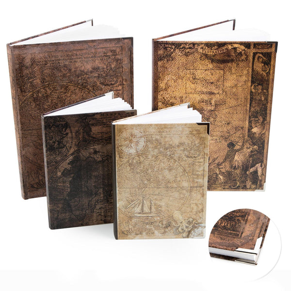 Vintage Notizbücher SET 4 leere Bücher DIN A4 + A5 - blanko + liniert - Tagebuch Notizbuch ohne Vorgaben zum Selbstgestalten Weltkarte Globus - Foto 1