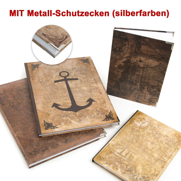 großes Vintage Notizbücher SET DIN A4 + A5 Weltkarte + Anker Motiv - 4 leere Bücher - Blanko zur freien Gestaltung Geschenk Geburtstag - Foto 1