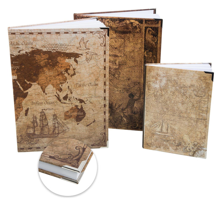 großes Set 3 Bücher blanko + liniert in A4 + A5 Weltkarte Mittelalter Vintage Stil als Notizbuch Ideenbuch Skizzenbuch Geschenkset - Foto 1