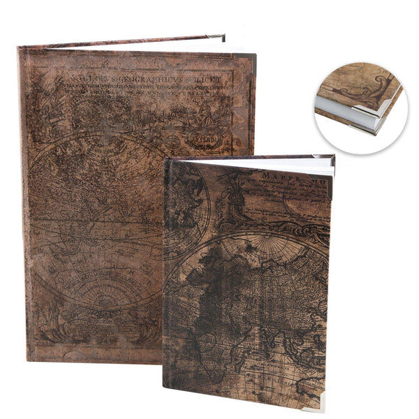 Notizbücher Geschenkset DIN A4 + A5 Weltkarte Globus Nostalgie dunkelbraun - leere Bücher Blankobücher als Reisebuch Tagebuch - Foto 1