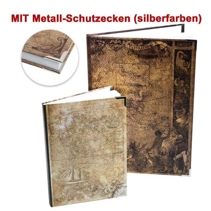 Loguch-Verlag 2 Notizbücher blanko leer zum selbst Gestalten - DIN A4 + A5 - Bücher mit Weltkarte Globus Motiv als Tagebuch Arbeitsbuch Skizzenbuch - Foto 1