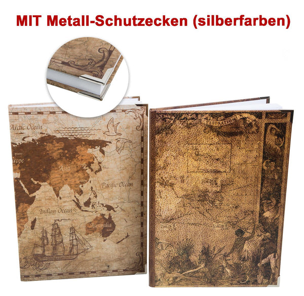 Logbuch-Verlag großes Vintage Notizbücher SET DIN A4 + A5 Weltkarte + Anker Motiv - 4 leere Bücher - Blanko zur freien Gestaltung Geschenk Geburtstag