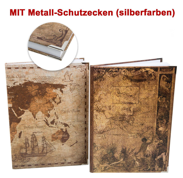 Logbuch-Verlag großes Vintage Notizbücher SET DIN A4 + A5 Weltkarte + Anker Motiv - 4 leere Bücher - Blanko zur freien Gestaltung Geschenk Geburtstag
