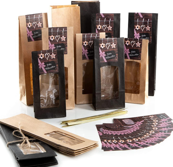 50 braune Geschenktüten Weihnachtstüten mit Boden 14 x 22 x 5,6 cm Kraftpapier natur Tüten + 50 Weihnachtsaufkleber HEILIGER NIKOLAUS ROT weiß beige