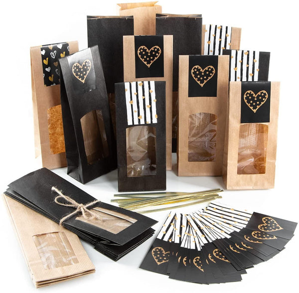 20 Weihnachtstüten zum Befüllen braun + schwarz & Aufkleber FROHE WEIHNACHTEN