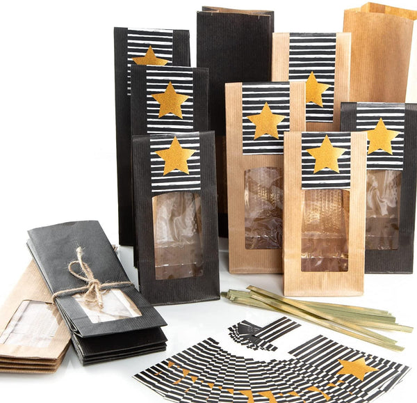 20 Geschenktüten mit Fenster - schwarz + braun + Geschenkaufkleber