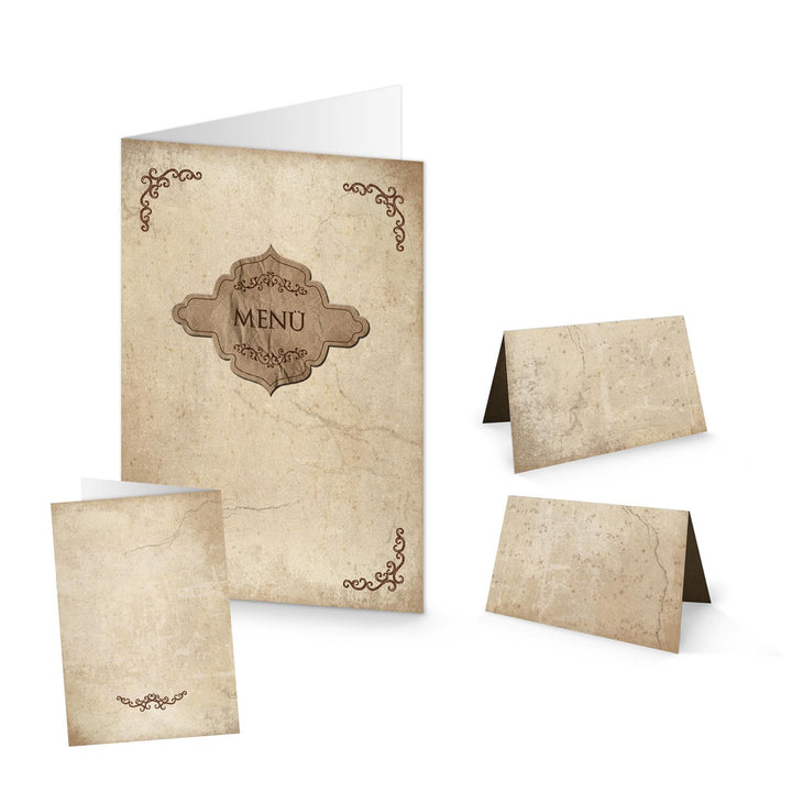 SET: 10 Menükarten + 25 Namensschilder Kraftpapier vintage Spitze Tischkarten weiß beige creme-farben Tischdeko Hochzeit Kommunion Speisekarten Taufe Geburtstag