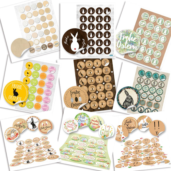 Set 9 x 24 Frohe Ostern Aufkleber Osterhase Osterdeko bunt Osteraufkleber rund Verpackung für Kindergeschenke Geschenke Give-Away grün gelb pink beige weiß türkis braun orange rot blau - Foto 1