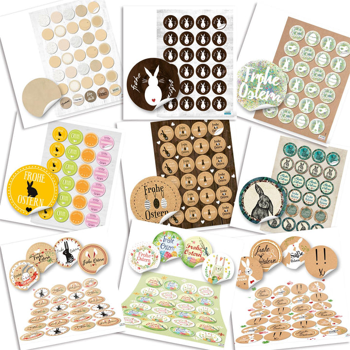 Set 9 x 24 Frohe Ostern Aufkleber Osterhase Osterdeko bunt Osteraufkleber rund Verpackung für Kindergeschenke Geschenke Give-Away grün gelb pink beige weiß türkis braun orange rot blau - Foto 1