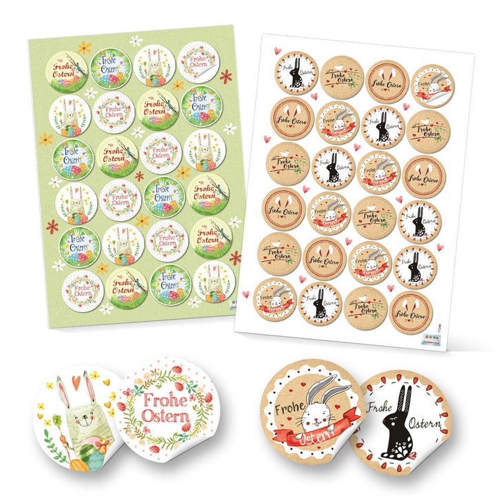 Set 48 Frohe Ostern Aufkleber Osterhase Osterdeko bunt Osteretiketten rund Verpackung Kindergeschenke Geschenke Give-Away grün gelb pink beige rot - Foto 1