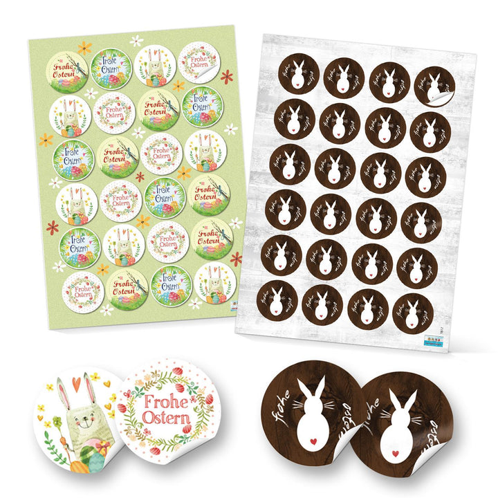 Set 48 Frohe Ostern Aufkleber Osterhase Osterdeko bunt Osteraufkleber rund Verpackung Kindergeschenke Geschenke Give-Away grün gelb pink braun weiß - Foto 1