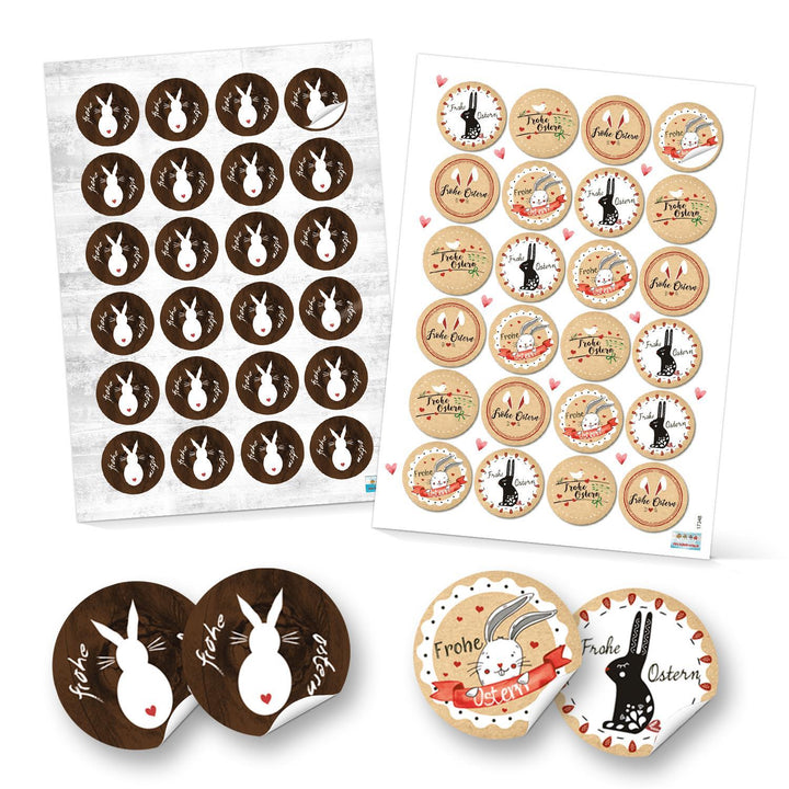 SET 96 Frohe Ostern Aufkleber Osterhase Osterdeko bunt Osteretiketten rund Verpackung Kindergeschenke Geschenke Give-Away braun beige weiß rot - Foto 1
