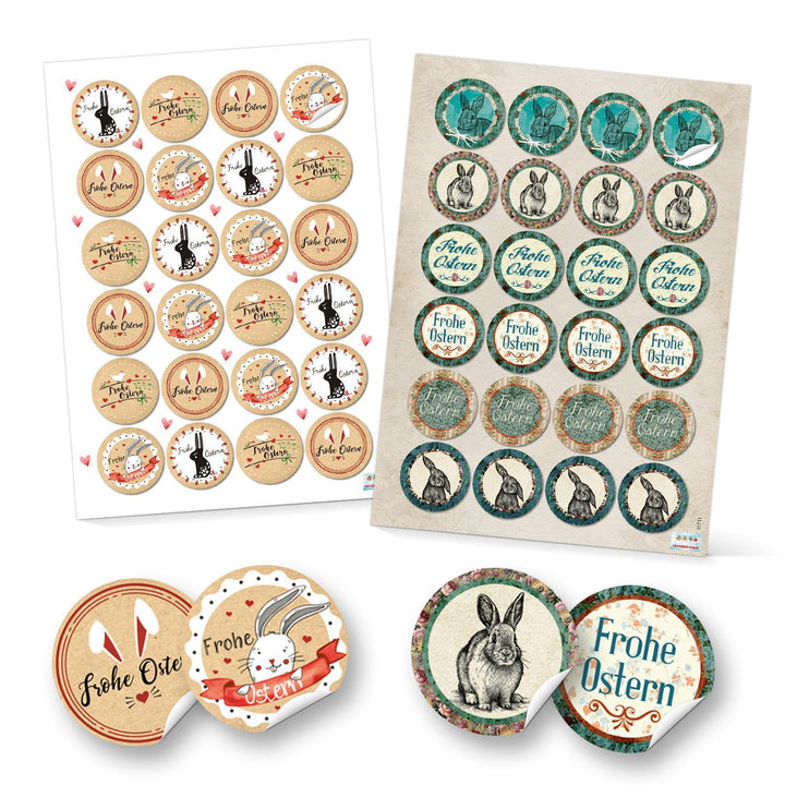 Set 48 Frohe Ostern Aufkleber Osterhase Osterdeko bunt Osteraufkleber rund Verpackung Kindergeschenke Geschenke Give-Away beige rot weiß türkis - Foto 1