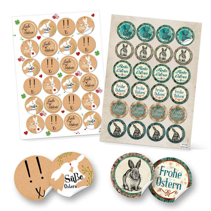 Set 48 Frohe Ostern Aufkleber Osterhase Osterdeko bunt Osteretiketten rund Verpackung Kindergeschenke Geschenke Give-Away beige rot weiß türkis - Foto 1