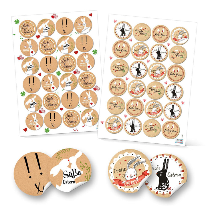 Set 48 Frohe Ostern Aufkleber Osterhase Osterdeko bunt Osteraufkleber rund Verpackung Kindergeschenke Geschenke Give-Away beige rot weiß schwarz - Foto 1