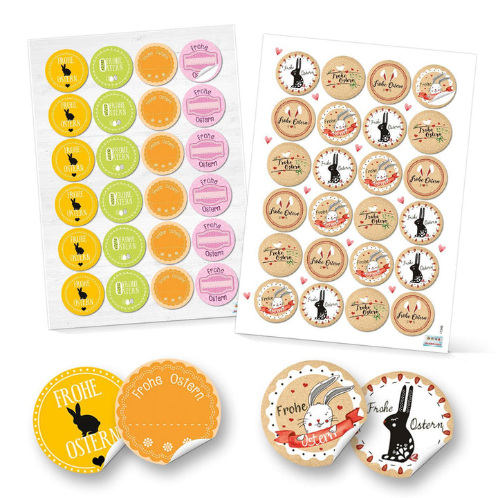 Set 48 Frohe Ostern Aufkleber Osterhase Osterdeko bunt Osteretiketten rund Verpackung Kindergeschenke Geschenke Give-Away gelb grün orange beige - Foto 1